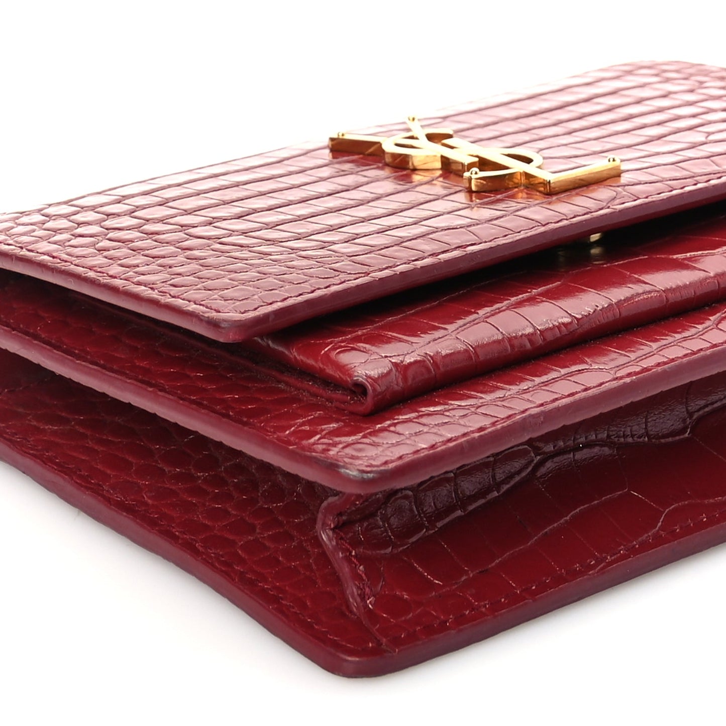 Saint Laurent Calfskin Crocodile Embossed Monogram Sunset Top Handle Chain Wallet Rouge Legion