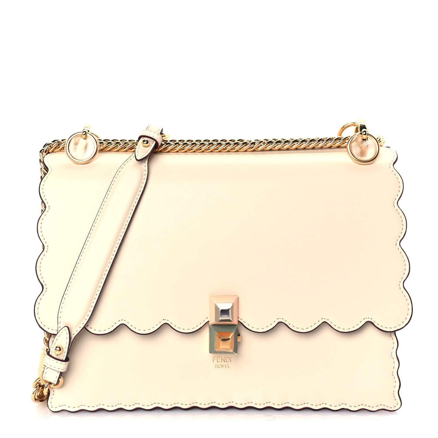 Fendi Vitello Liberty Scalloped Studded Small Kan I Shoulder Bag  Camelia