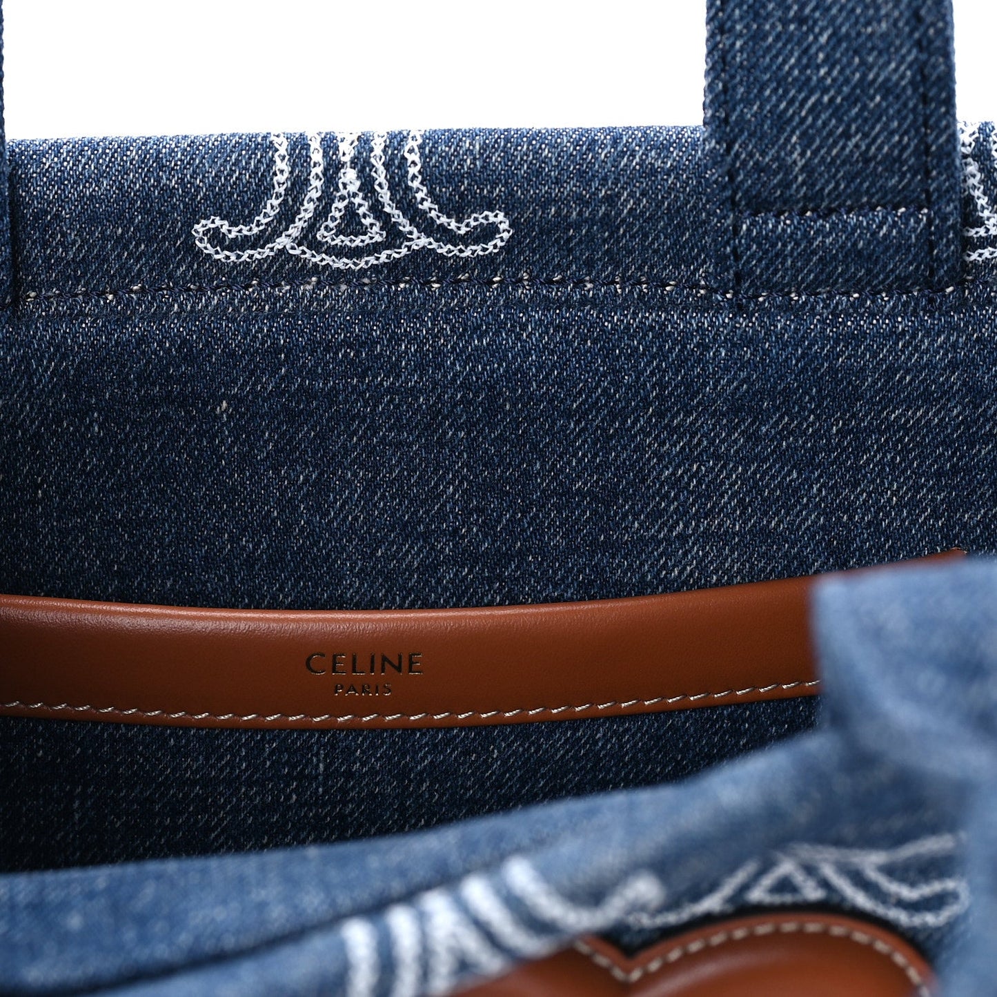 Celine Denim Calfskin Triomphe Print Cabas Blue Tan