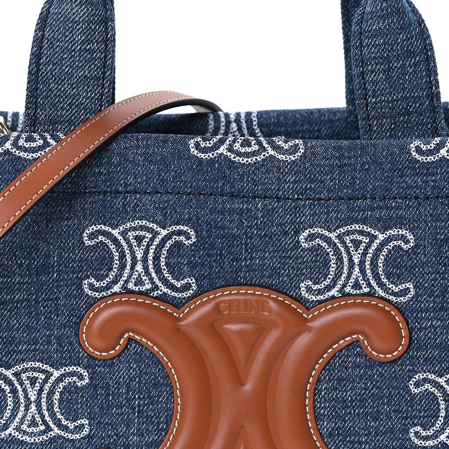 Celine Denim Calfskin Triomphe Print Cabas Blue Tan