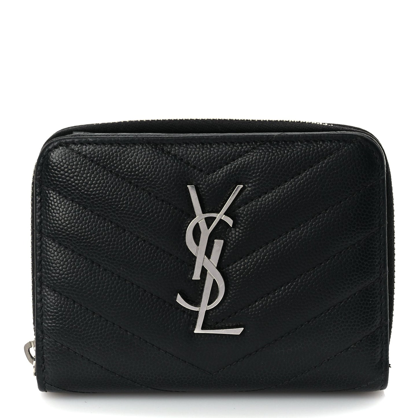Saint Laurent Grain De Poudre Matelasse Chevron Monogram Compact Zip Around Wallet  Black