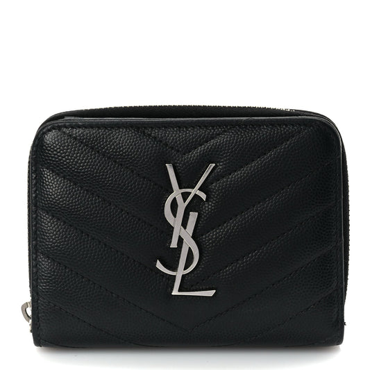 Saint Laurent Grain De Poudre Matelasse Chevron Monogram Compact Zip Around Wallet  Black