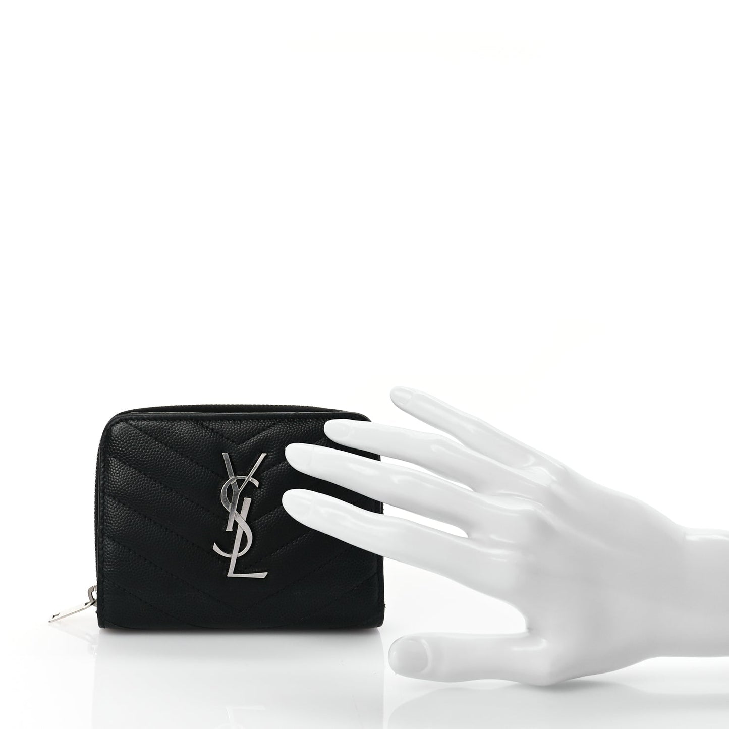 Saint Laurent Grain De Poudre Matelasse Chevron Monogram Compact Zip Around Wallet  Black