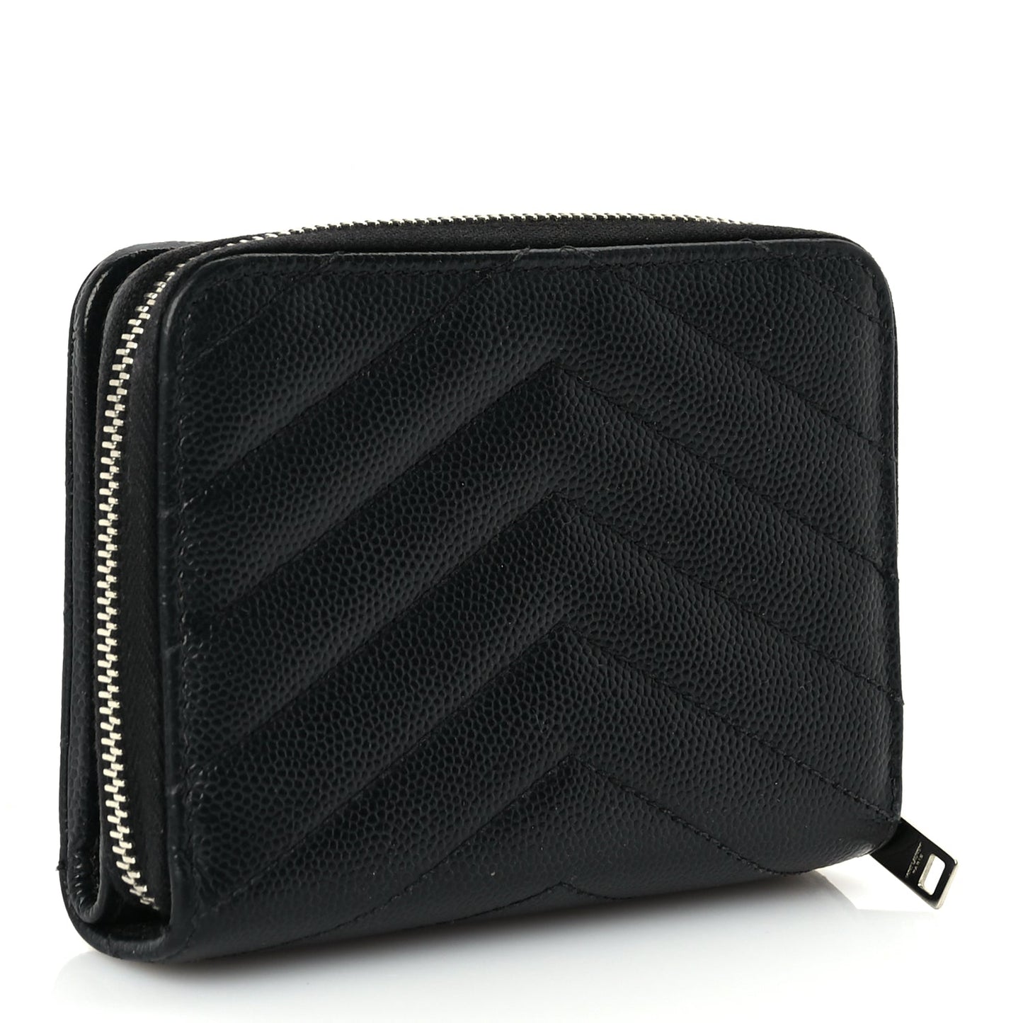 Saint Laurent Grain De Poudre Matelasse Chevron Monogram Compact Zip Around Wallet  Black