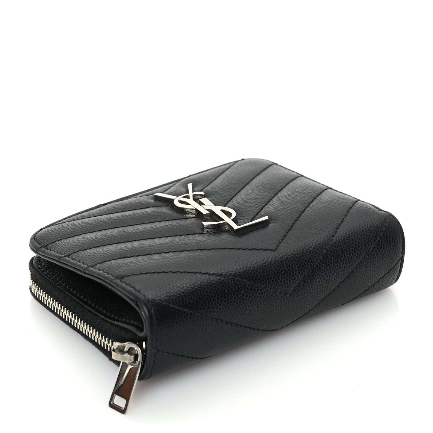 Saint Laurent Grain De Poudre Matelasse Chevron Monogram Compact Zip Around Wallet  Black