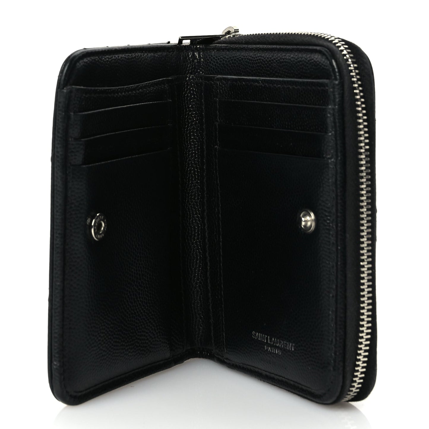 Saint Laurent Grain De Poudre Matelasse Chevron Monogram Compact Zip Around Wallet  Black