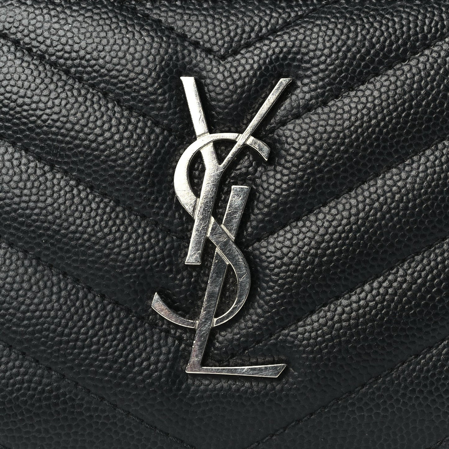 Saint Laurent Grain De Poudre Matelasse Chevron Monogram Compact Zip Around Wallet  Black