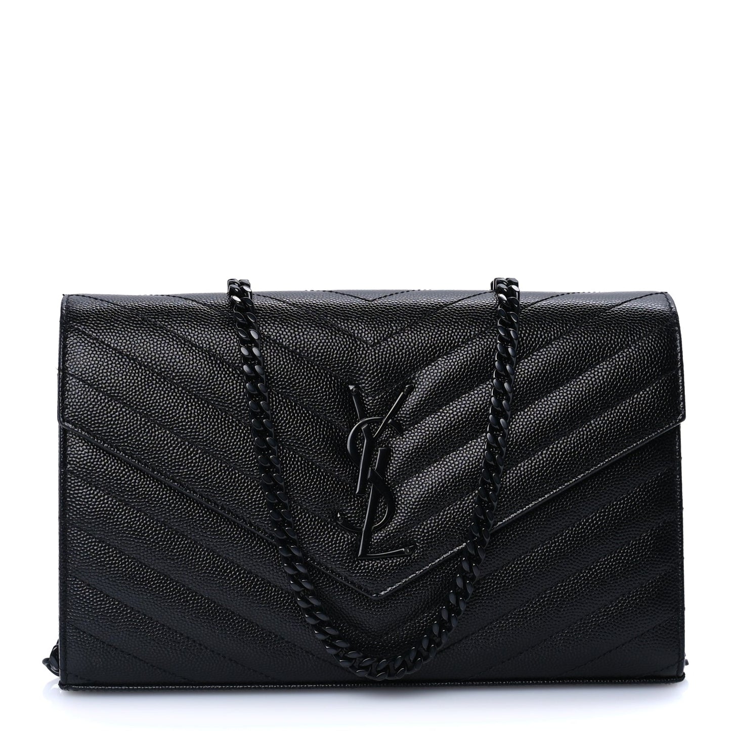 Saint Laurent Grain De Poudre Matelasse Chevron Monogram Monochrome Chain Wallet  Black