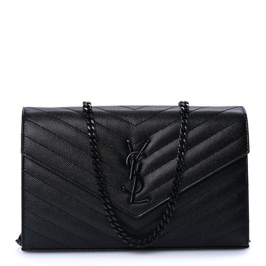 Saint Laurent Grain De Poudre Matelasse Chevron Monogram Monochrome Chain Wallet  Black