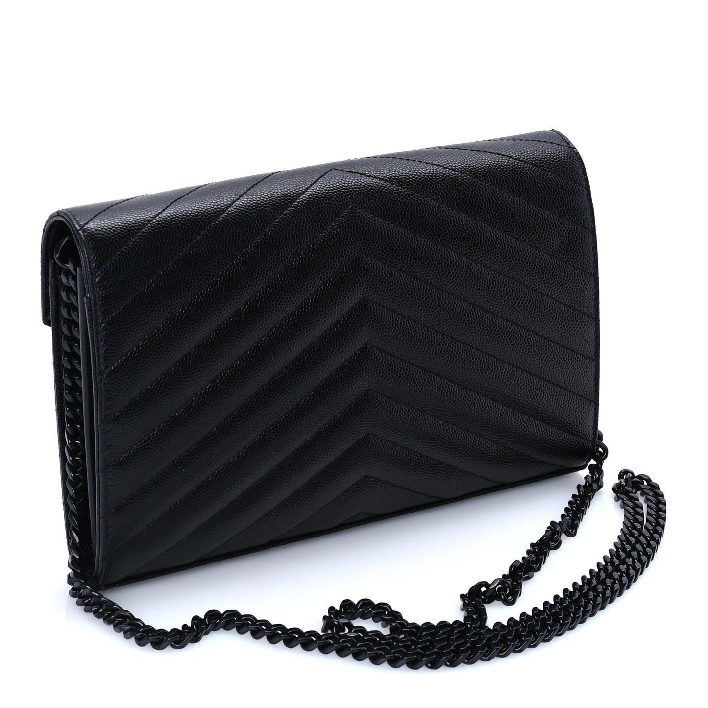 Saint Laurent Grain De Poudre Matelasse Chevron Monogram Monochrome Chain Wallet  Black