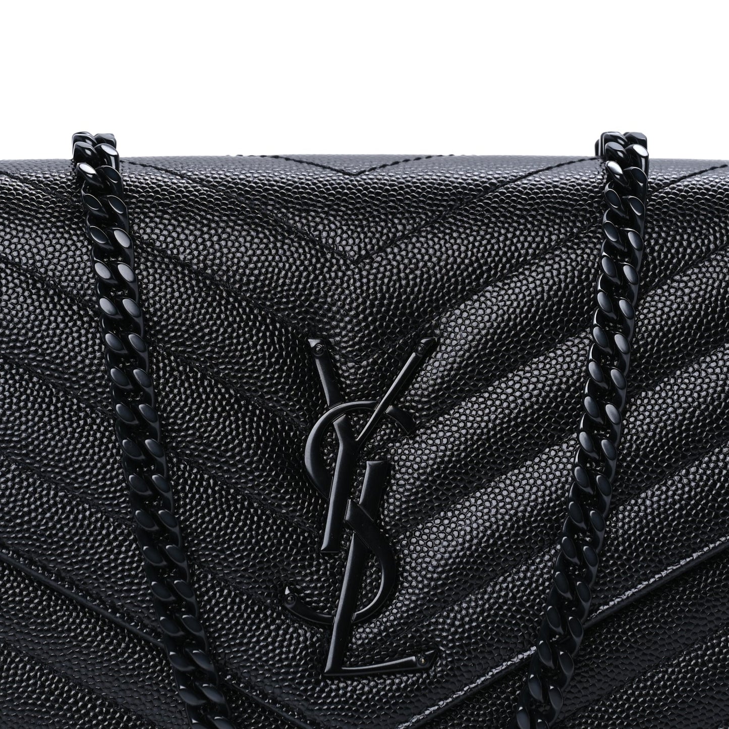 Saint Laurent Grain De Poudre Matelasse Chevron Monogram Monochrome Chain Wallet  Black