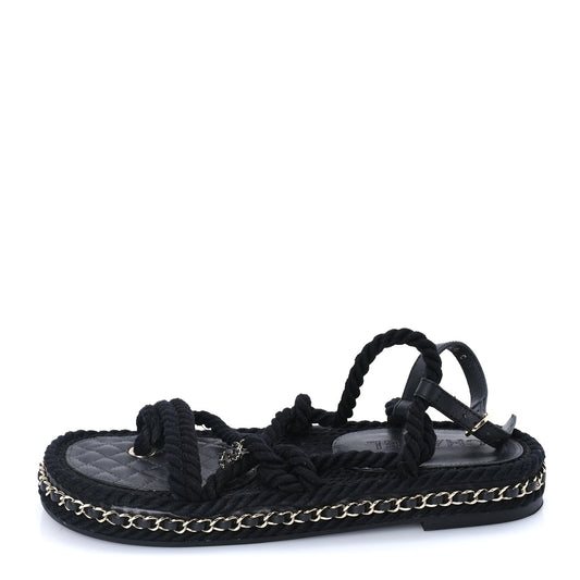 Chanel Lambskin Cord Chain CC Sandals 40 Black
