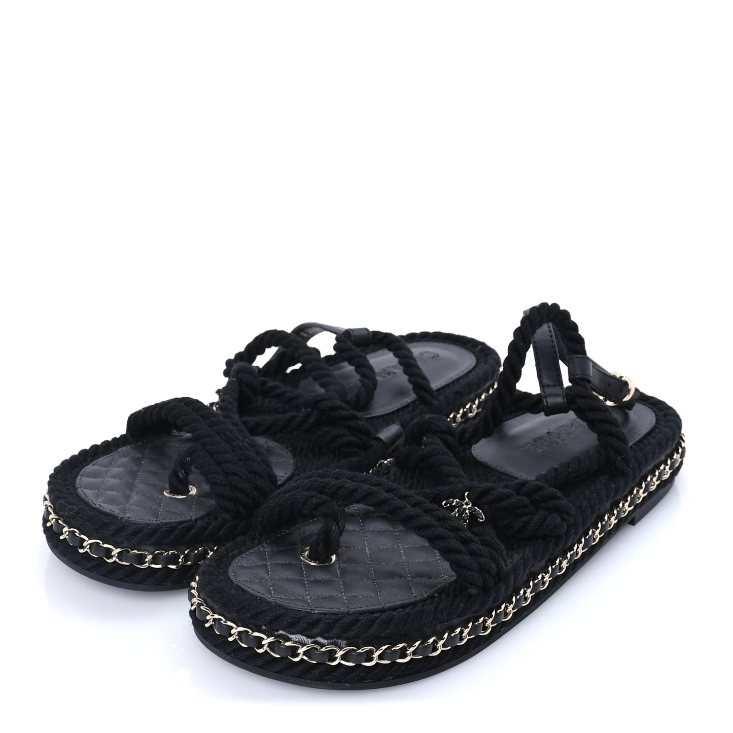 Chanel Lambskin Cord Chain CC Sandals 40 Black