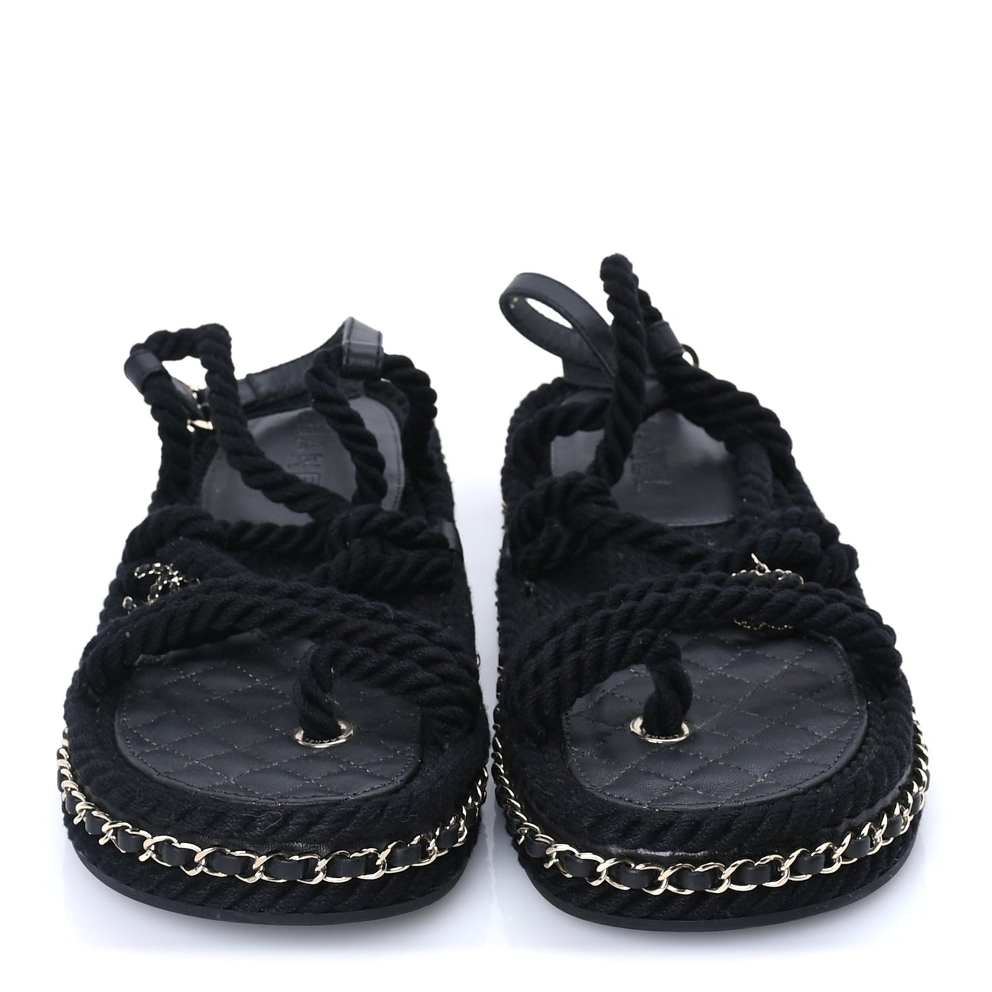 Chanel Lambskin Cord Chain CC Sandals 40 Black