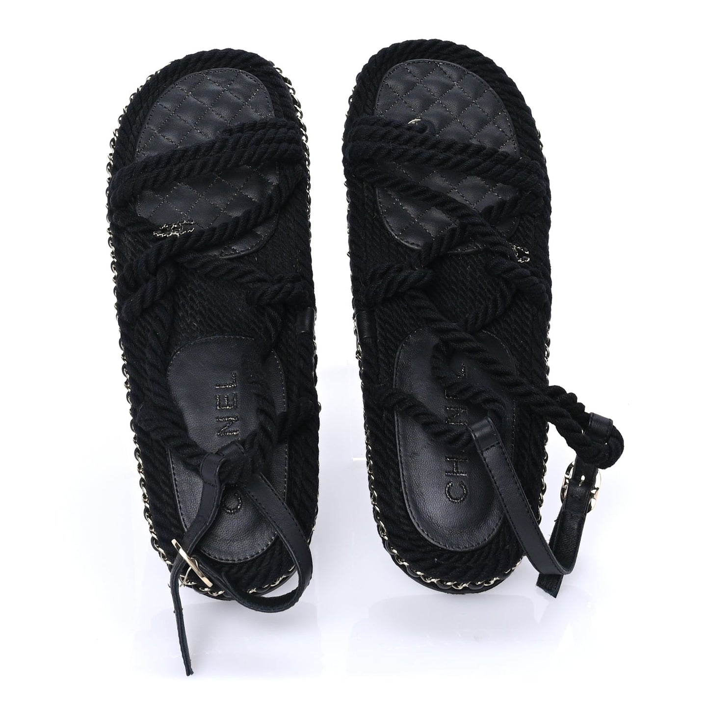 Chanel Lambskin Cord Chain CC Sandals 40 Black