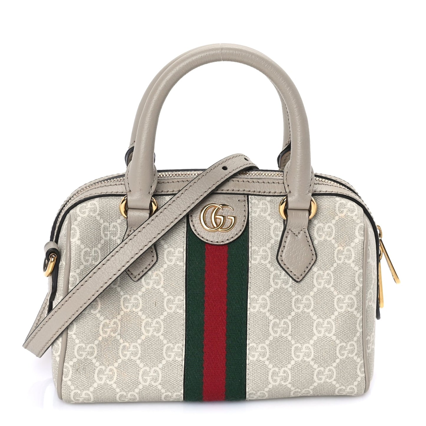 Gucci GG Supreme Monogram Textured Dollar Calfskin Web Mini Ophidia Top Handle Bag Beige Mystic White Oatmeal