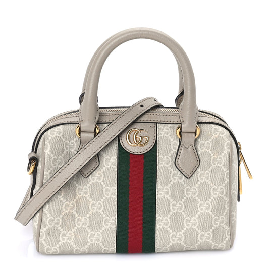 Gucci GG Supreme Monogram Textured Dollar Calfskin Web Mini Ophidia Top Handle Bag Beige Mystic White Oatmeal