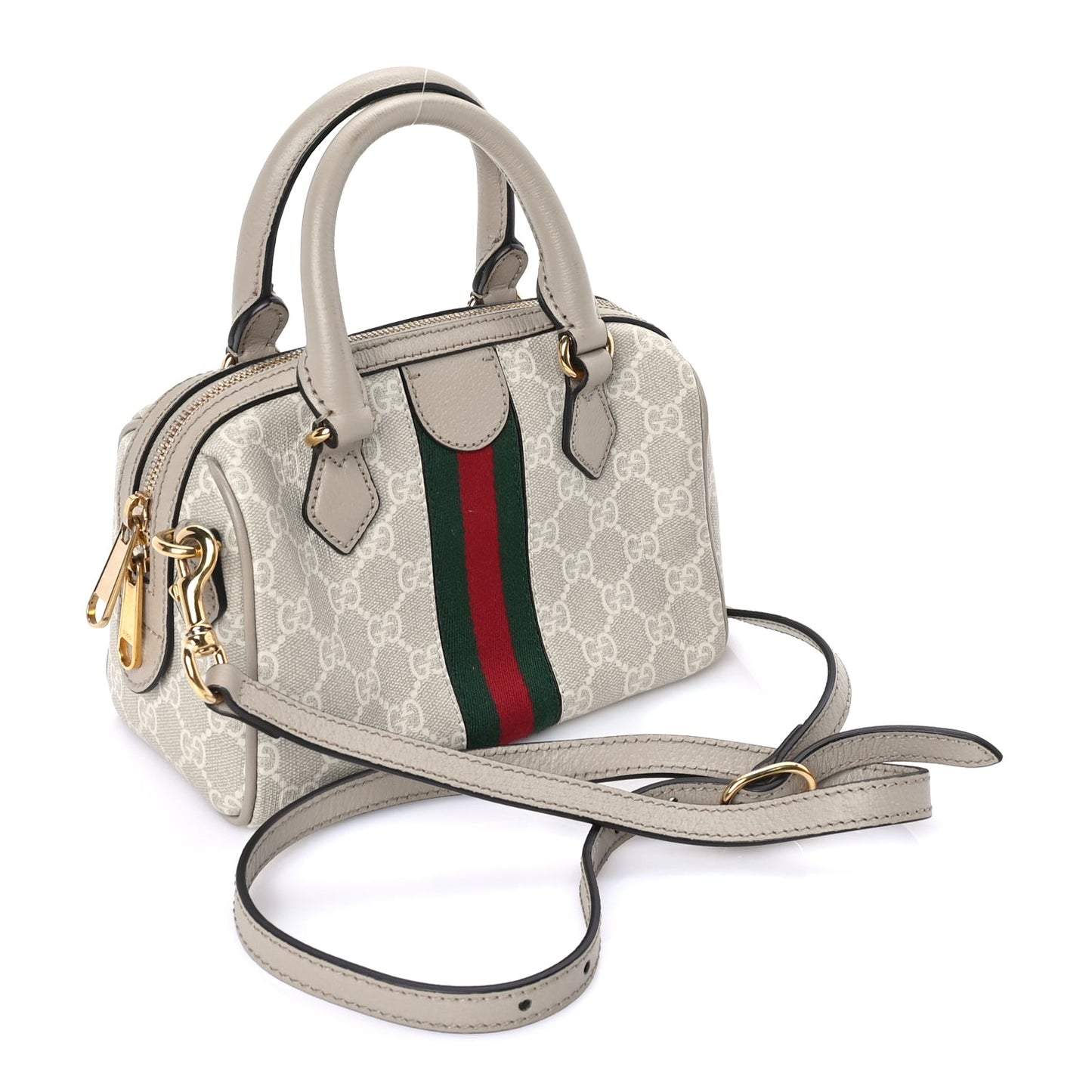 Gucci GG Supreme Monogram Textured Dollar Calfskin Web Mini Ophidia Top Handle Bag Beige Mystic White Oatmeal