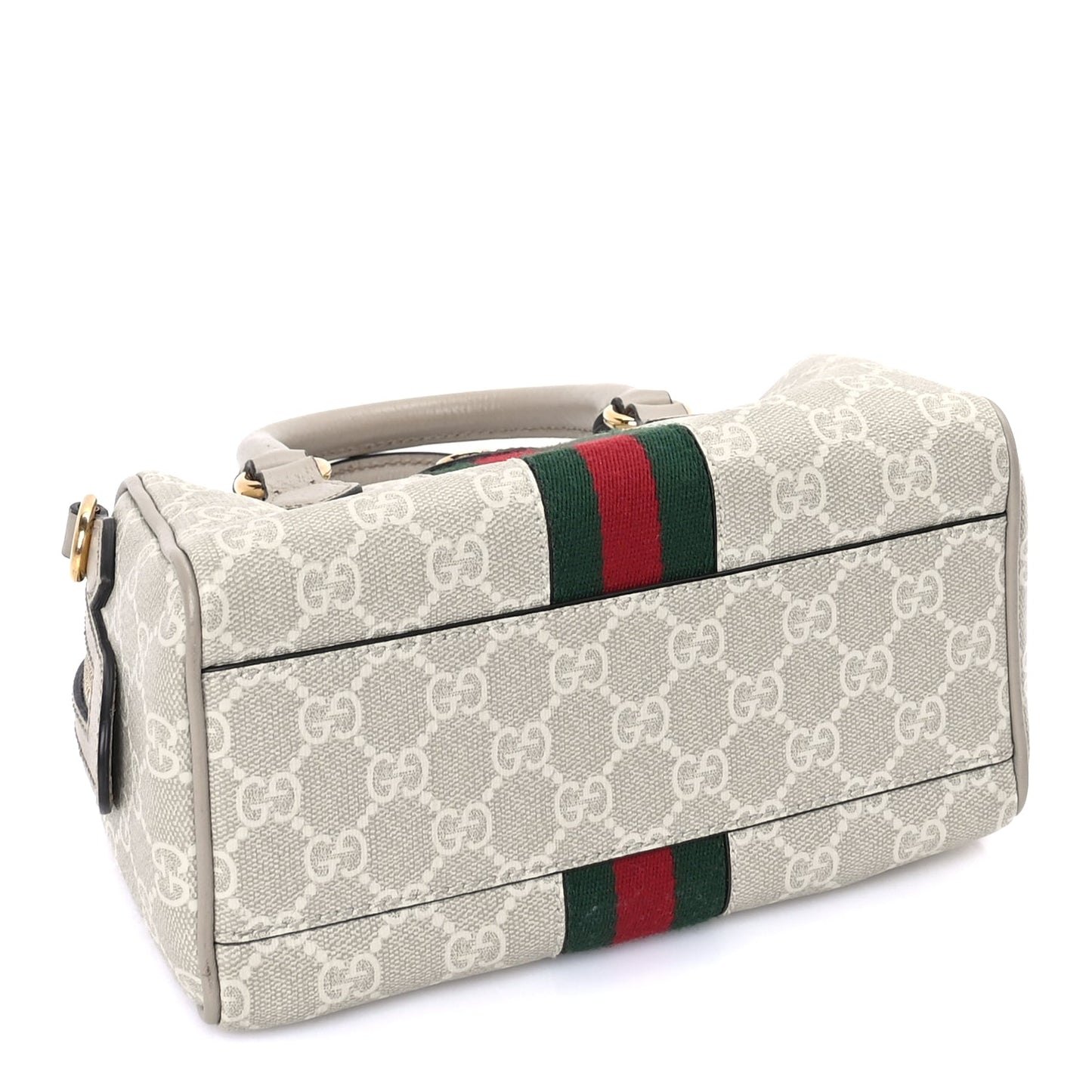 Gucci GG Supreme Monogram Textured Dollar Calfskin Web Mini Ophidia Top Handle Bag Beige Mystic White Oatmeal