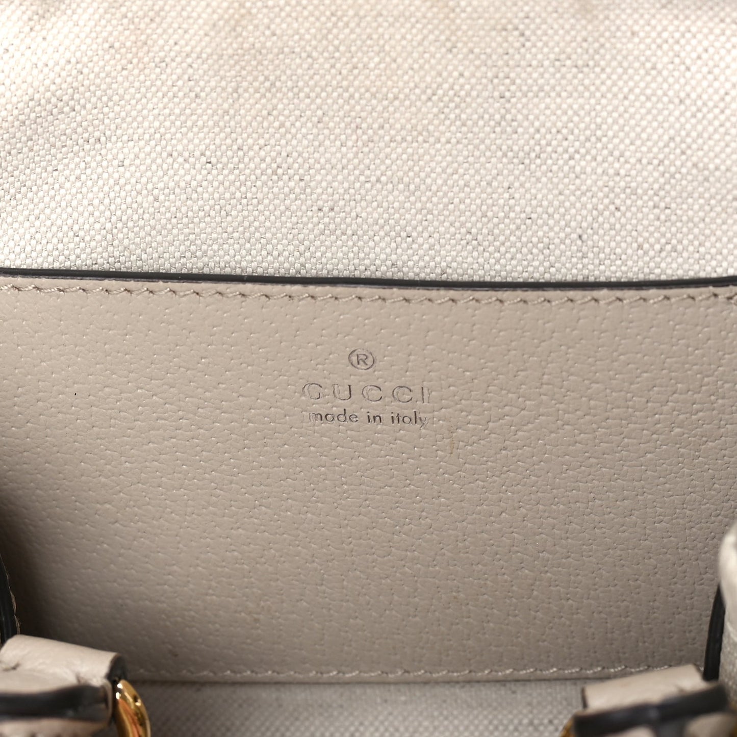 Gucci GG Supreme Monogram Textured Dollar Calfskin Web Mini Ophidia Top Handle Bag Beige Mystic White Oatmeal