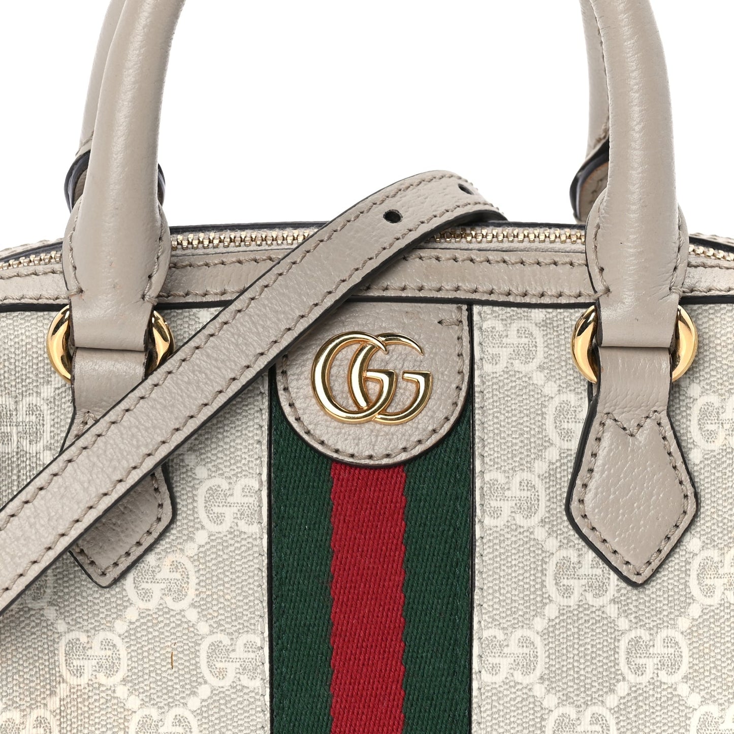Gucci GG Supreme Monogram Textured Dollar Calfskin Web Mini Ophidia Top Handle Bag Beige Mystic White Oatmeal