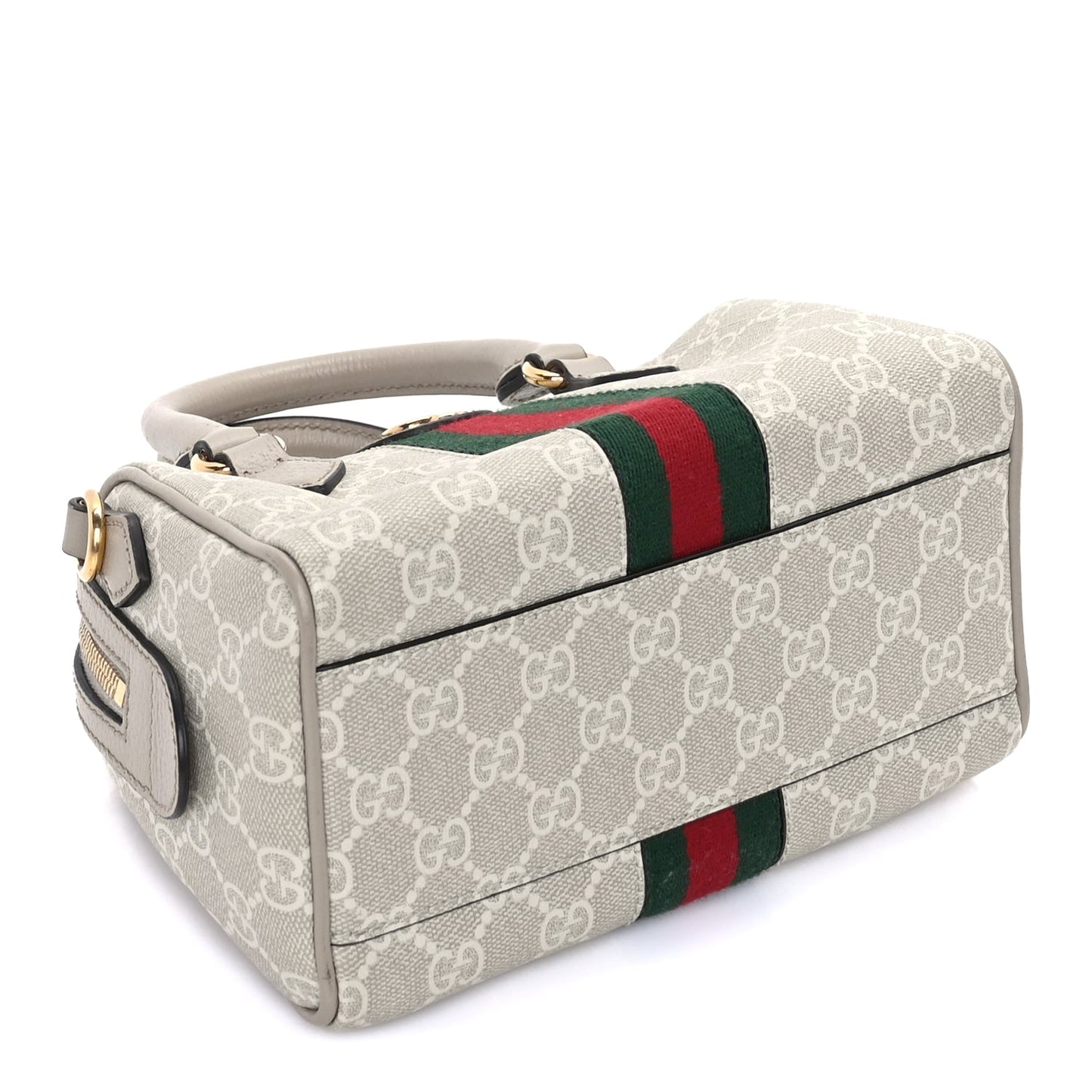 Gucci GG Supreme Monogram Textured Dollar Calfskin Web Mini Ophidia Top Handle Bag Beige Mystic White Oatmeal