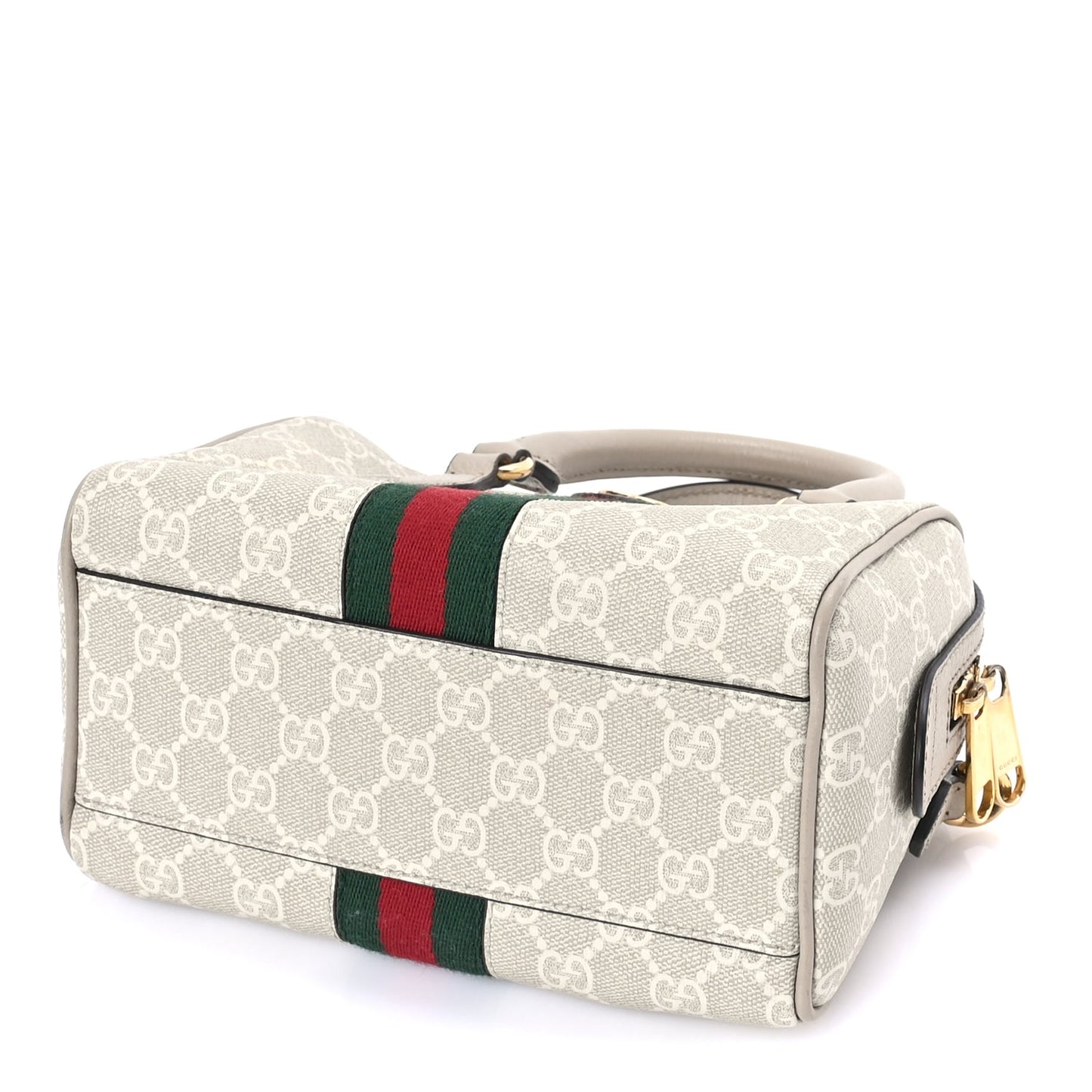 Gucci GG Supreme Monogram Textured Dollar Calfskin Web Mini Ophidia Top Handle Bag Beige Mystic White Oatmeal