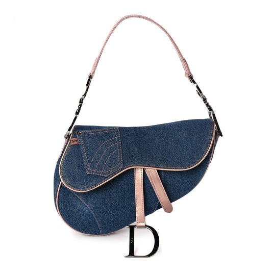 Christian Dior Patent Denim Jeans Saddle Bag Blue Pink