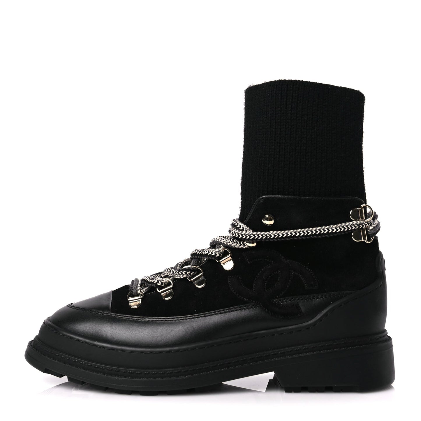 Chanel Suede Knit Womens Sock Lace Up Boots Black