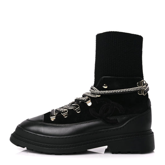 Chanel Suede Knit Womens Sock Lace Up Boots Black