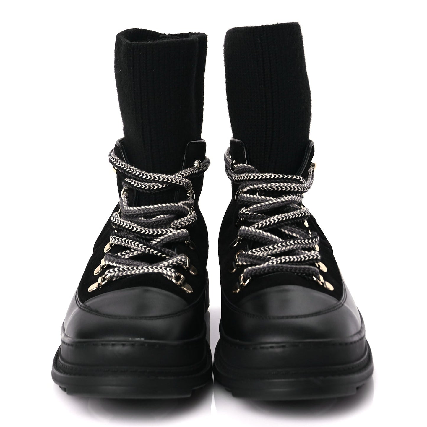 Chanel Suede Knit Womens Sock Lace Up Boots Black