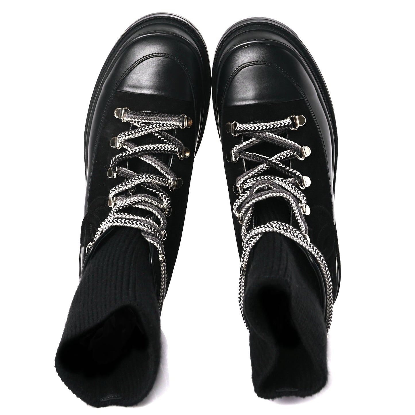 Chanel Suede Knit Womens Sock Lace Up Boots Black