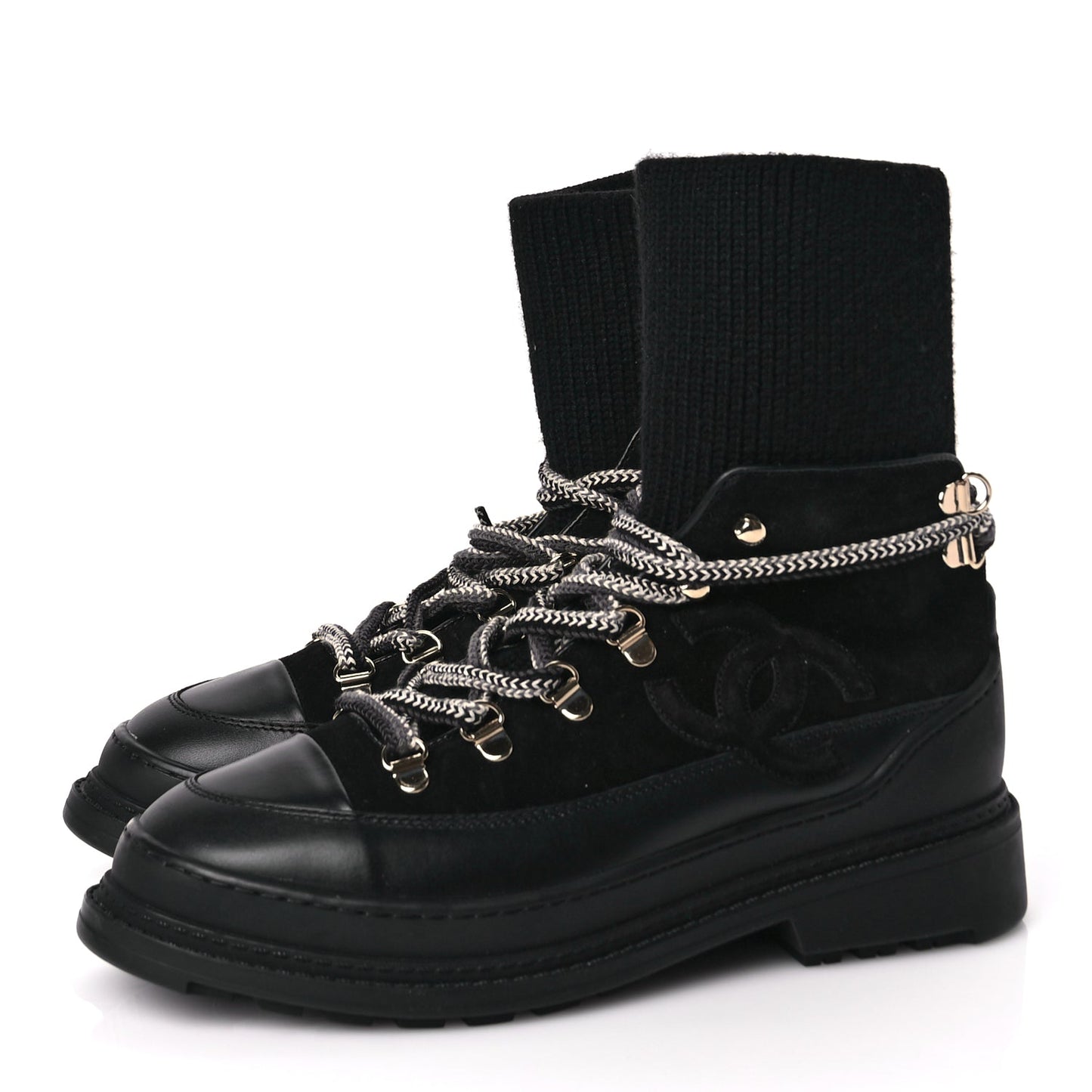 Chanel Suede Knit Womens Sock Lace Up Boots Black
