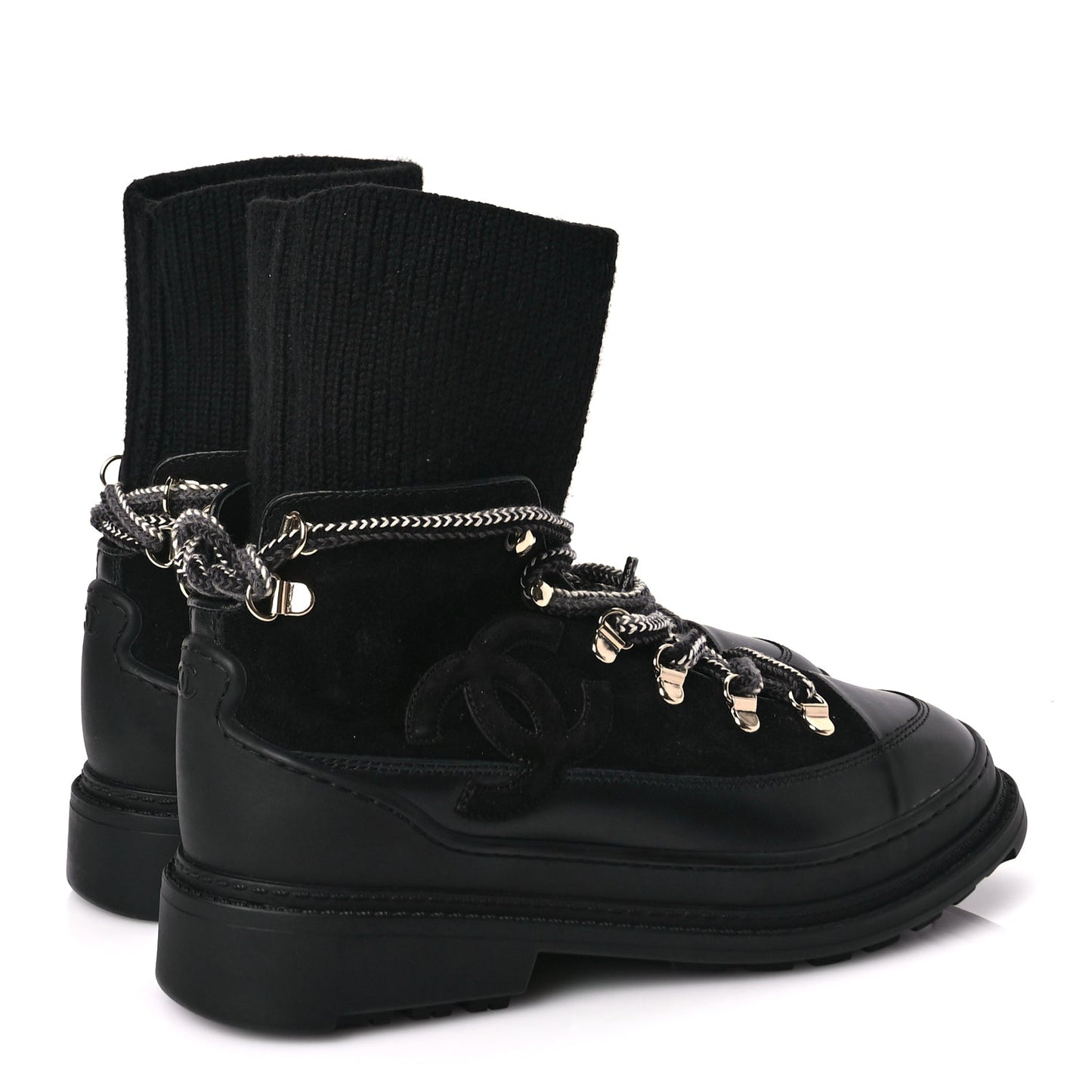 Chanel Suede Knit Womens Sock Lace Up Boots Black