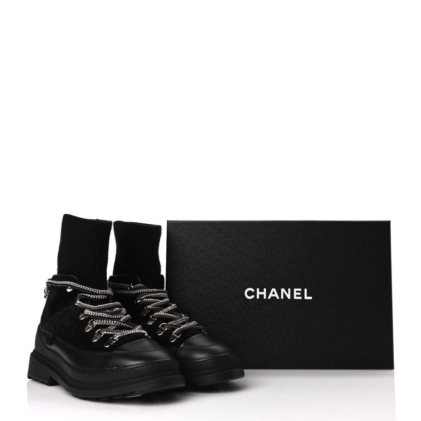 Chanel Suede Knit Womens Sock Lace Up Boots Black