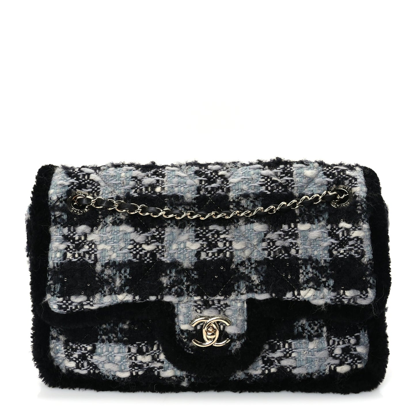 Chanel Tweed Shearling Large Flap Bag Blue Black