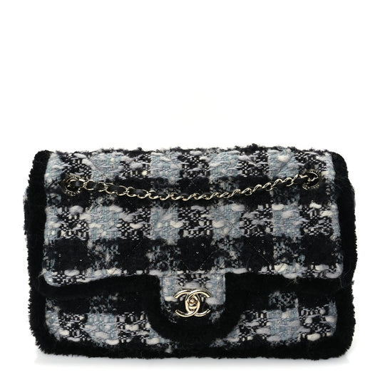 Chanel Tweed Shearling Large Flap Bag Blue Black