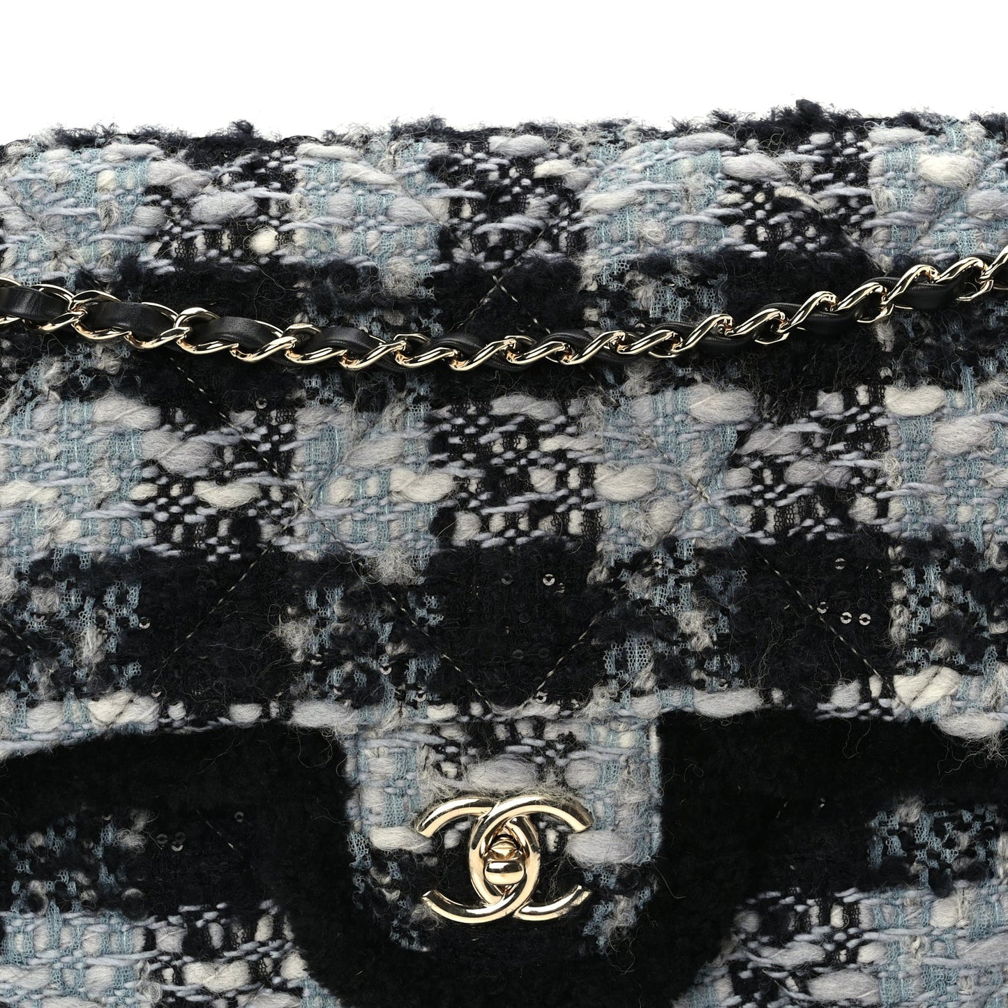 Chanel Tweed Shearling Large Flap Bag Blue Black