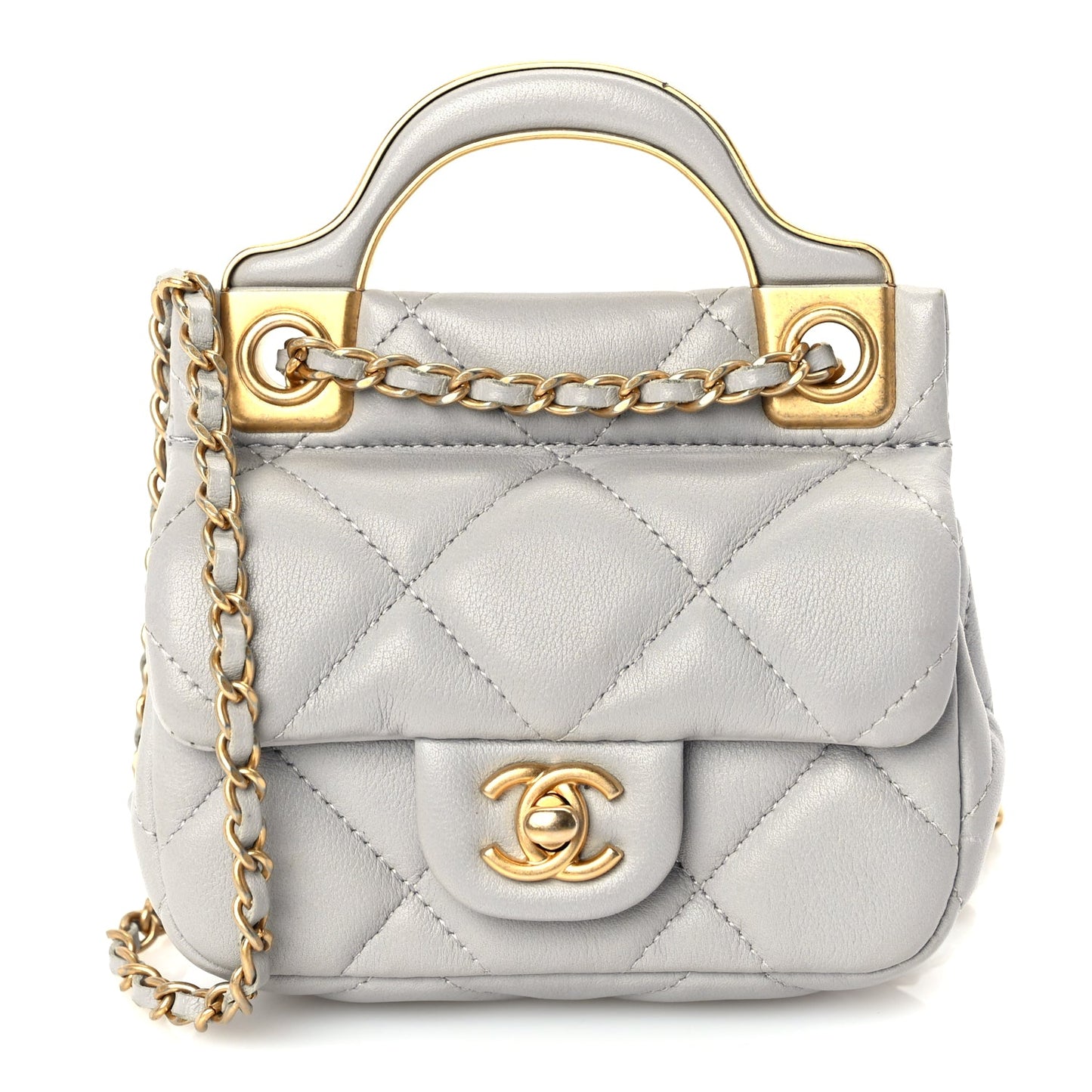 Chanel Calfskin Quilted Lady Handle Flap Card Holder With Chain  Grey