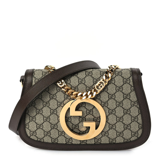 Gucci GG Supreme Monogram Textured Dollar Calfskin Blondie Chain Shoulder Flap Bag Beige Ebony New Acero