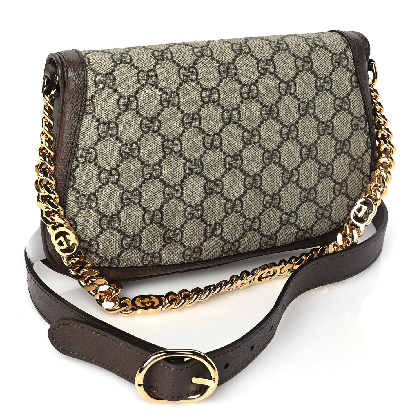 Gucci GG Supreme Monogram Textured Dollar Calfskin Blondie Chain Shoulder Flap Bag Beige Ebony New Acero