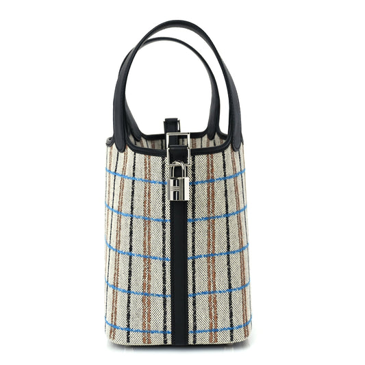 Hermes Swift Toile Borderie H Picotin Lock 18  Noir Ecru Fauve Bleu Zanzibar