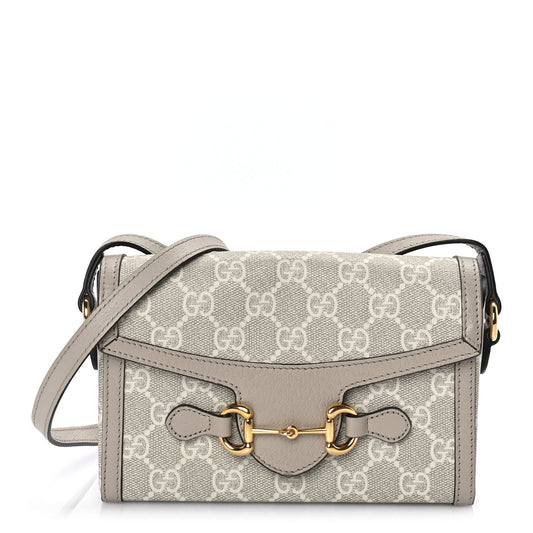 Gucci GG Supreme Monogram Textured Dollar Calfskin Mini Horsebit 1955 Shoulder Bag Beige Mystic White Oatmeal
