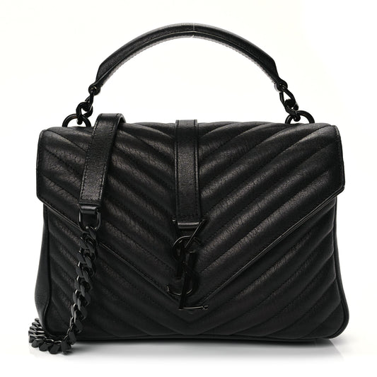 Saint Laurent Sheepskin Matelasse Chevron Monogram Monochrome Medium College Bag Black