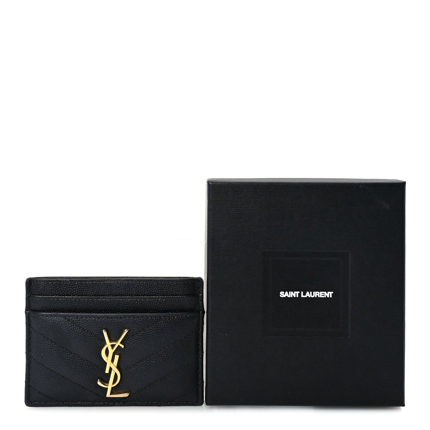Saint Laurent Grain De Poudre Matelasse Chevron Monogram Credit Card Case  Black