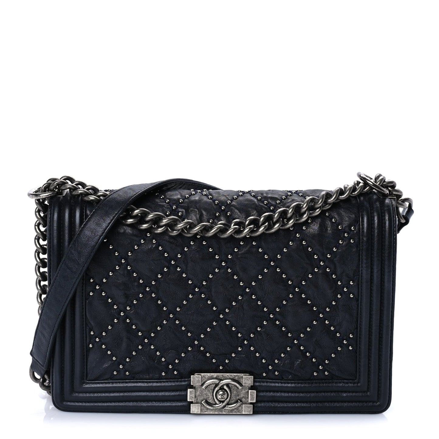 Chanel Crumpled Lambskin New Medium Studded Boy Flap Navy