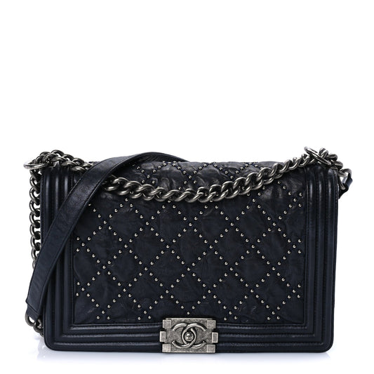 Chanel Crumpled Lambskin New Medium Studded Boy Flap Navy