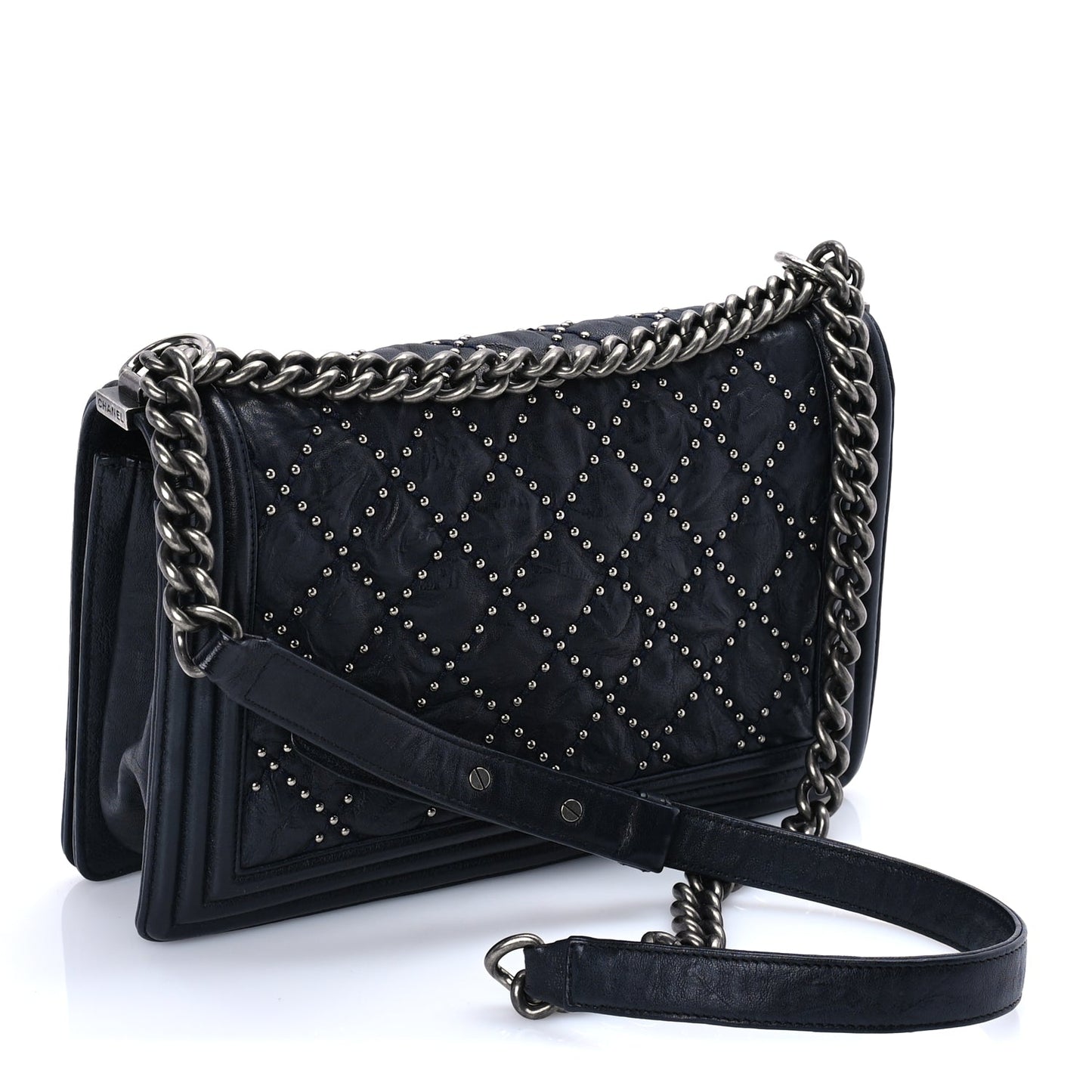 Chanel Crumpled Lambskin New Medium Studded Boy Flap Navy