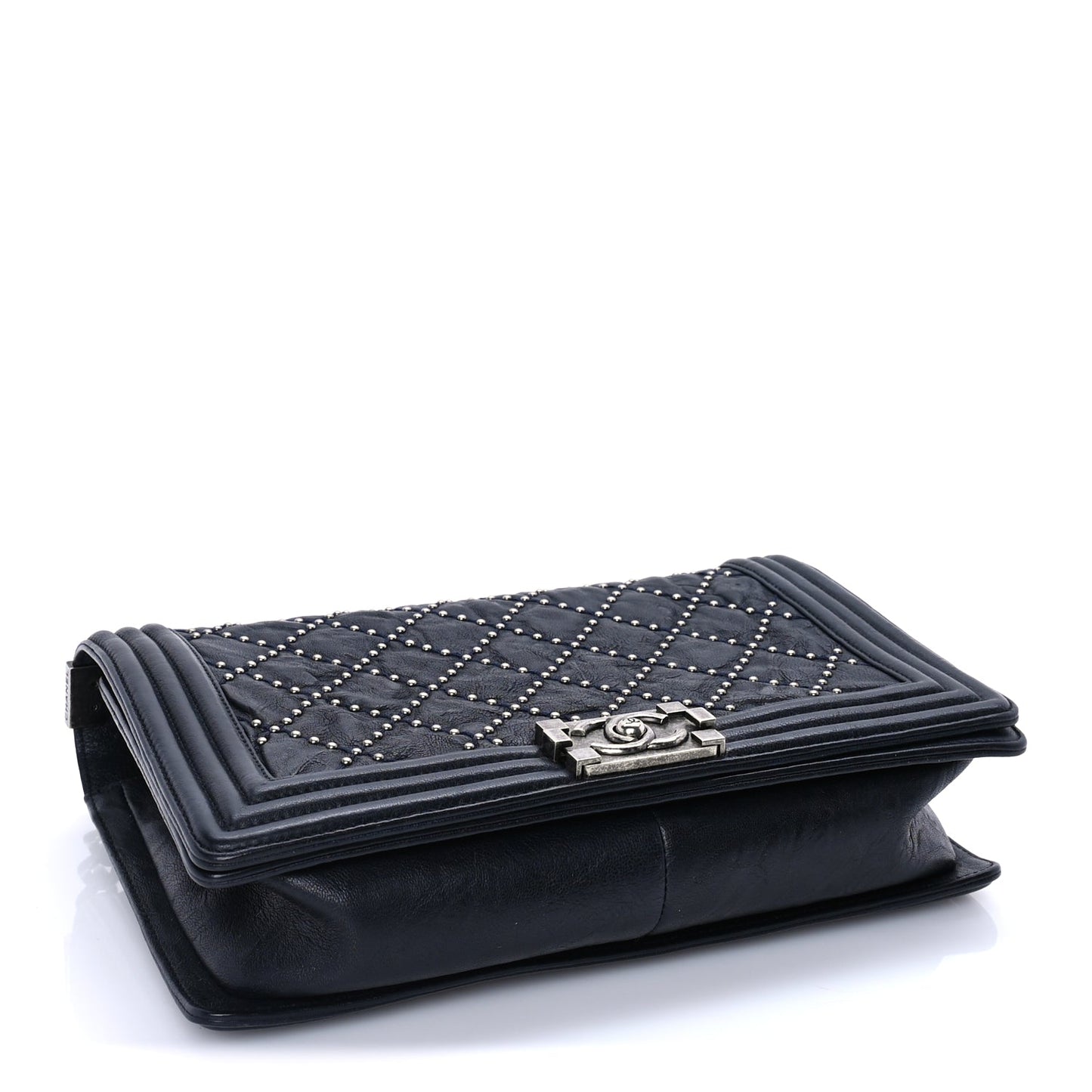 Chanel Crumpled Lambskin New Medium Studded Boy Flap Navy