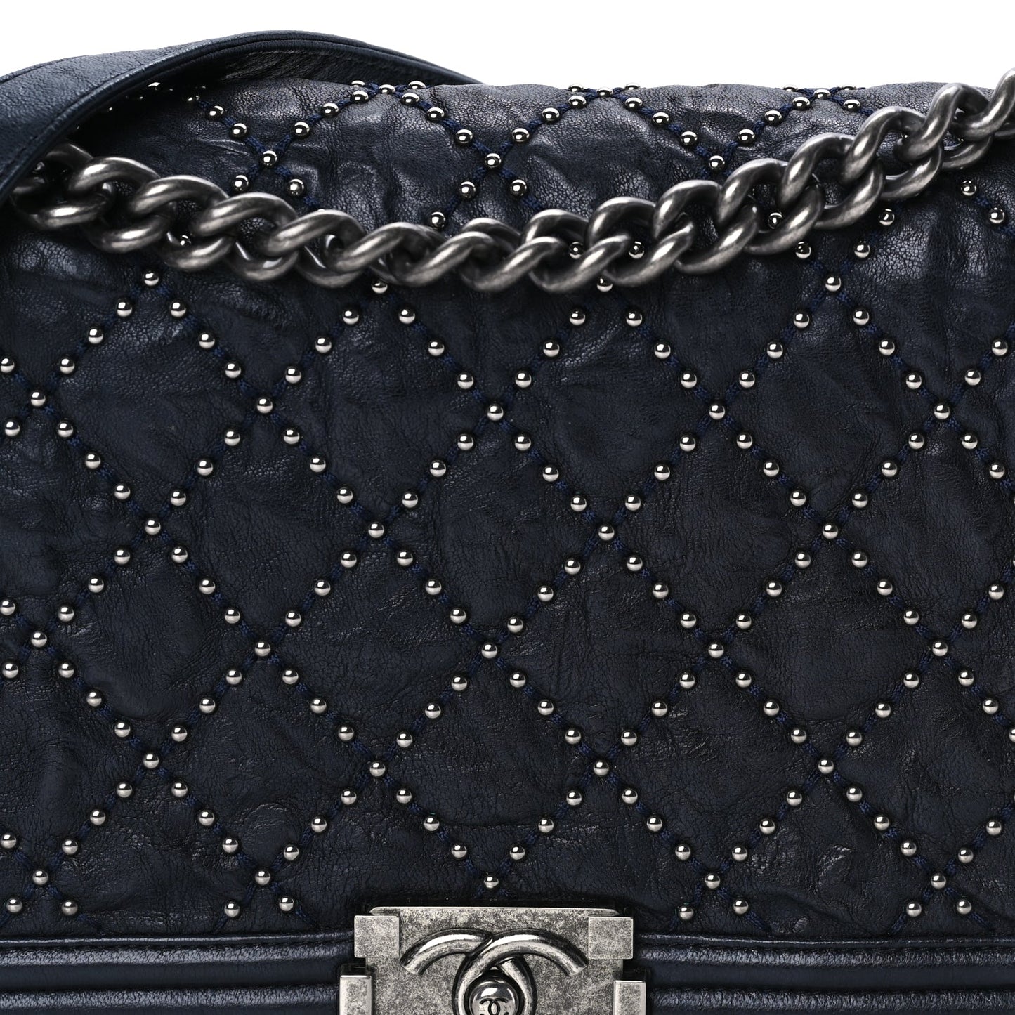 Chanel Crumpled Lambskin New Medium Studded Boy Flap Navy